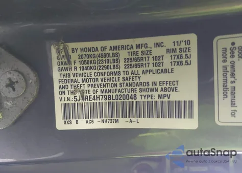 2011 Honda Cr-V Ex-L from USA, damaged, VIN 5J6RE4H79BL020048